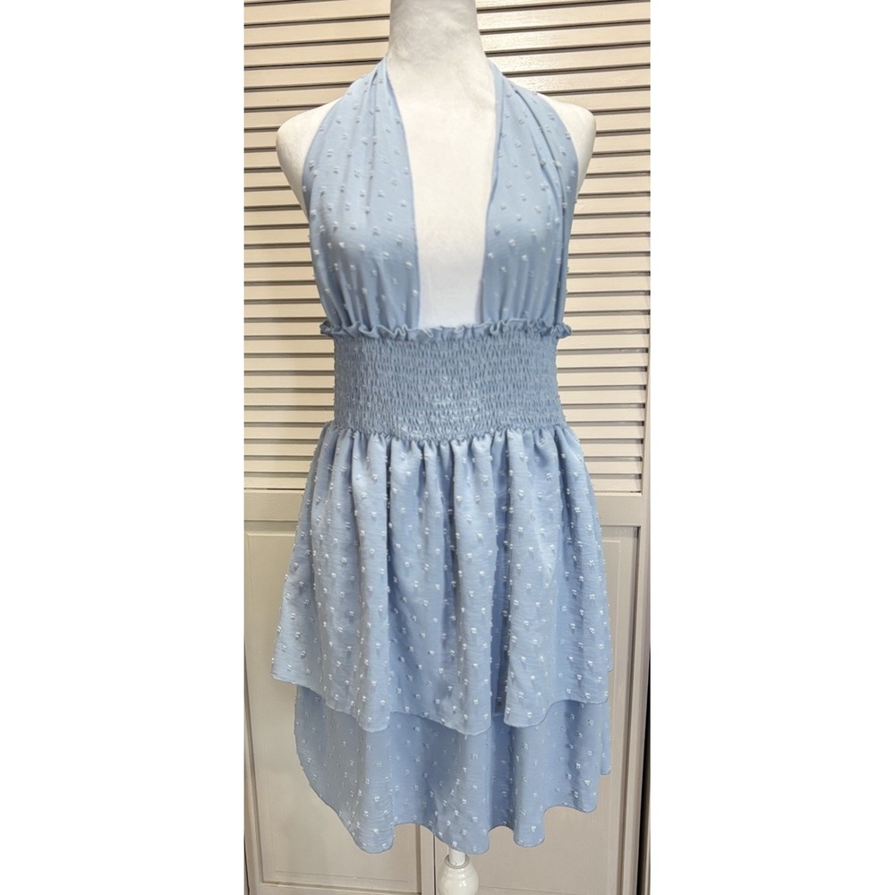 SHEIN Blue Fit Flare Short Dress Size XL Lined Smocked Halter Tie Ruffle Tiered